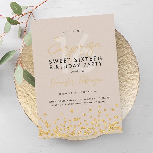 Champagne Gold Glitter Confetti Surprise Sweet 16  Invitation