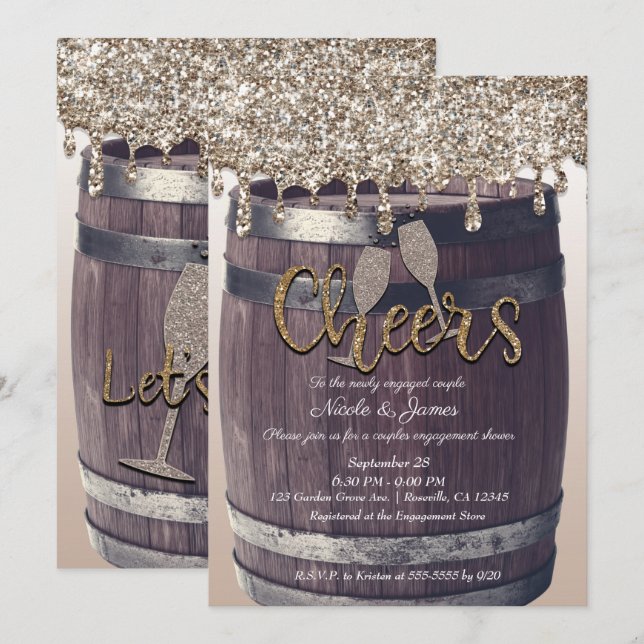 Champagne Gold Glitter Drip Barrel Engagement Invitation (Front/Back)