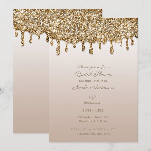 Champagne Gold Glitter Drip Glam Bridal Shower Invitation (Front/Back)