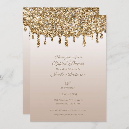 Champagne Gold Glitter Drip Glam Bridal Shower Invitation
