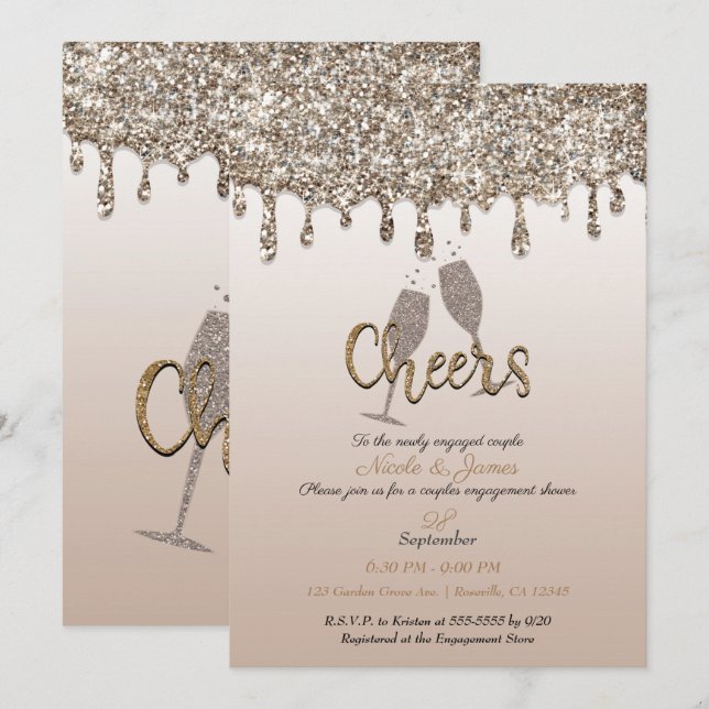 Champagne Gold Glitter Drip Glam Engagement Shower Invitation (Front/Back)