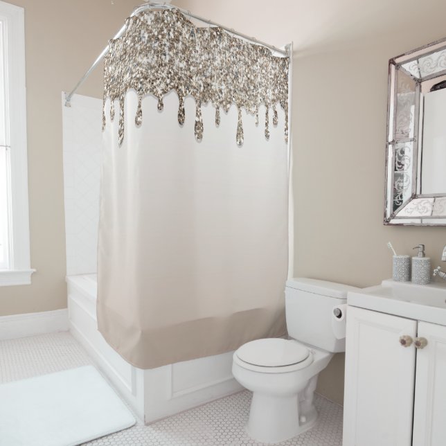 Champagne Gold Glitter Drip Glam Pink Girly Shower Curtain (In Situ)