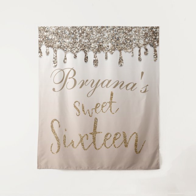 Champagne Gold Glitter Drip Glam Sweet 16 Backdrop (Front)