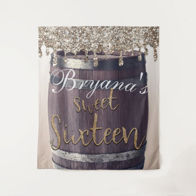 Champagne Gold Glitter Drip Glam Sweet 16 Backdrop (Front)