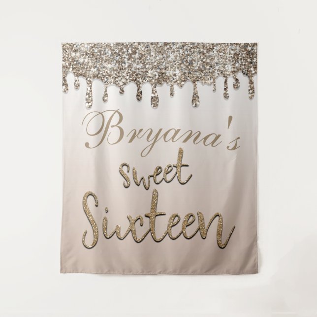 Champagne Gold Glitter Drip Glam Sweet 16 Backdrop (Front)