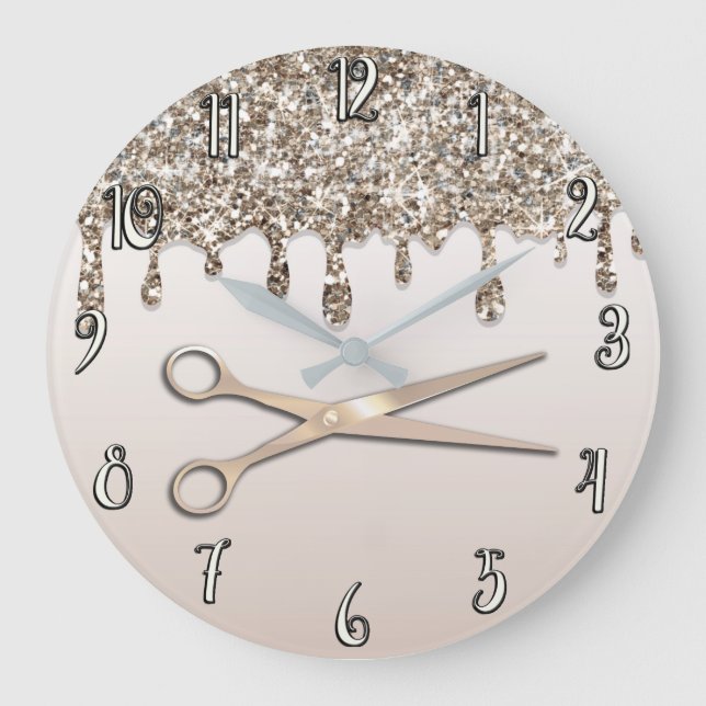 Champagne Gold Glitter Drip Modern Glam Hair Salon Large Clock (Front)