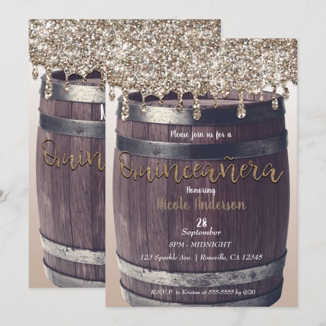 Champagne Gold Glitter Drip Rustic Quinceañera 15 Invitation (Front/Back)