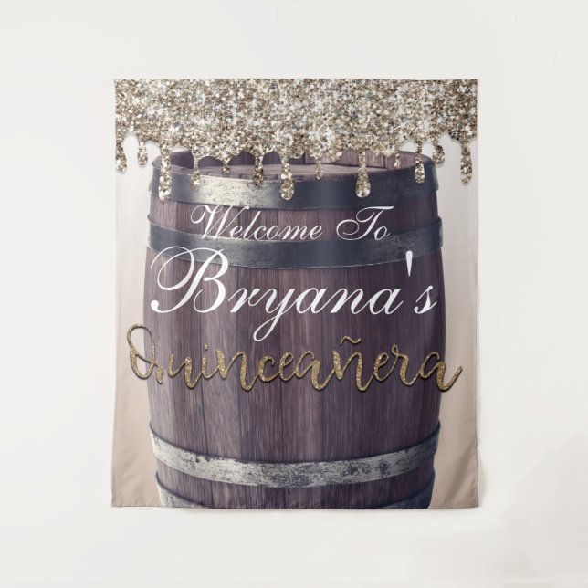 Champagne Gold Glitter Drip Rustic Quinceañera 15 Tapestry (Front)