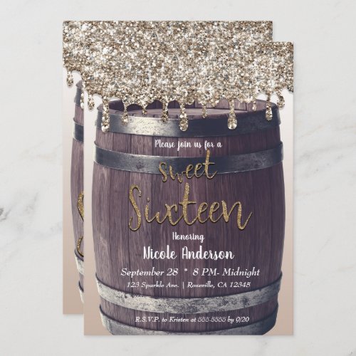 Champagne Gold Glitter Drip Rustic Sweet 16 Party Invitation
