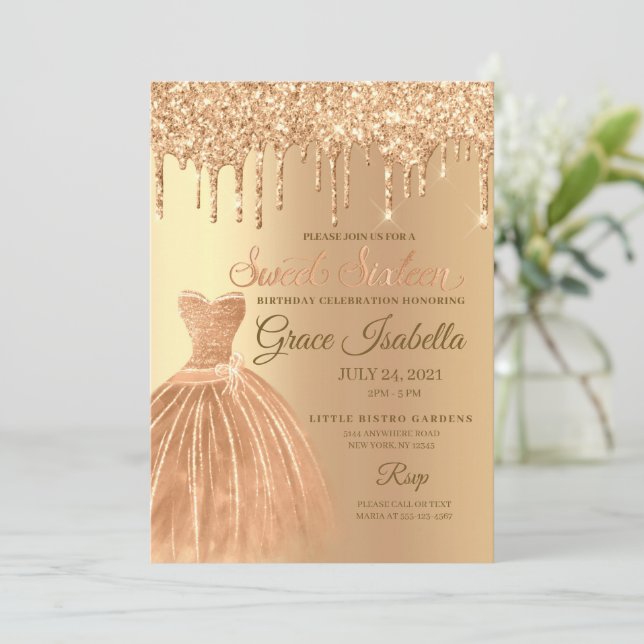 Champagne Gold Glitter Drip Sweet Sixteen Birthday Invitation (Standing Front)