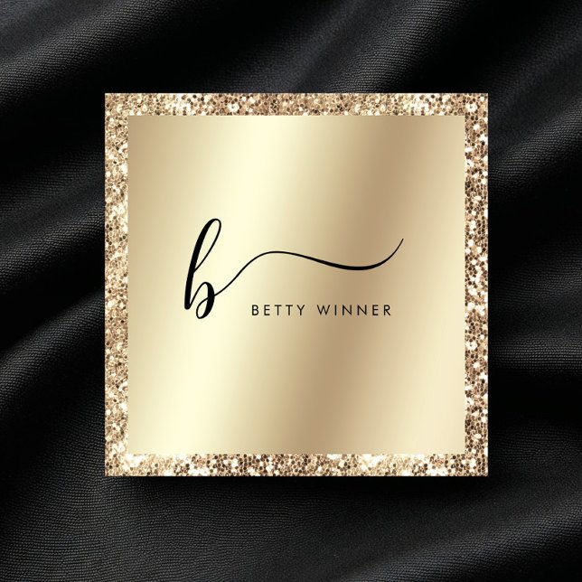 Champagne Gold Glitter Foil Script Monogram Squar Square Business Card (Creator Uploaded)