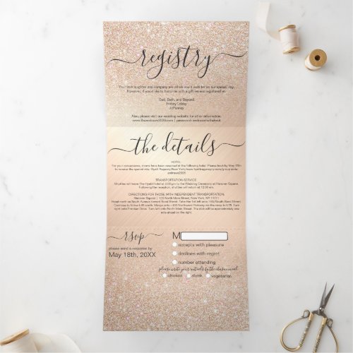 Champagne Gold Glitter Metal Registry Detail RSVP Tri_Fold Invitation