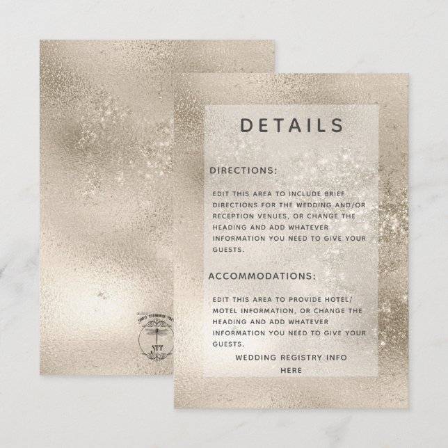 Champagne Gold Glitter Modern Wedding Details  Enclosure Card (Front/Back)