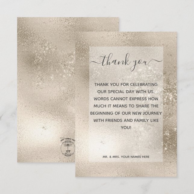 Champagne Gold Glitter Modern Wedding Thank You Card (Front/Back)