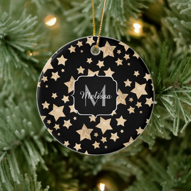 Champagne gold glitter sparkle Stars Monogram Ceramic Ornament (Tree)