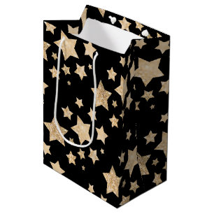 Champagne gold glitter sparkle Stars pattern black Medium Gift Bag