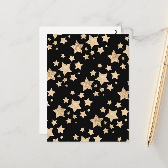 Champagne gold glitter sparkle Stars pattern black Postcard (Front/Back In Situ)