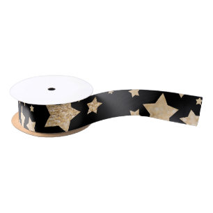 Champagne gold glitter sparkle Stars pattern black Satin Ribbon