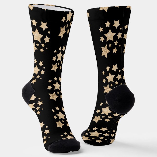 Champagne gold glitter sparkle Stars pattern black Socks (Angled)