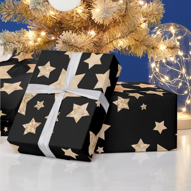 Champagne gold glitter sparkle Stars pattern black Wrapping Paper (Holidays)