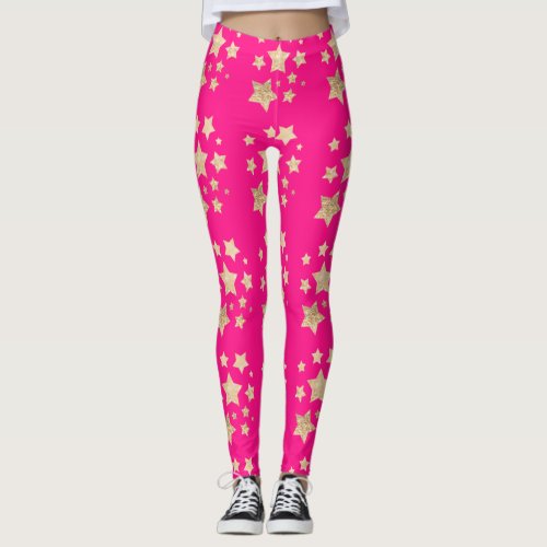 Champagne gold glitter sparkles Stars hot pink Leggings