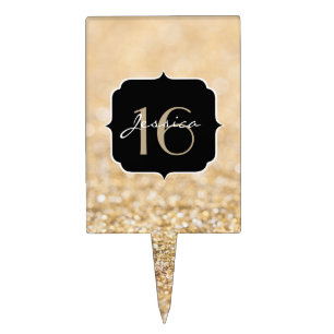 Champagne gold glitter sparkles Sweet 16 Cake Topper