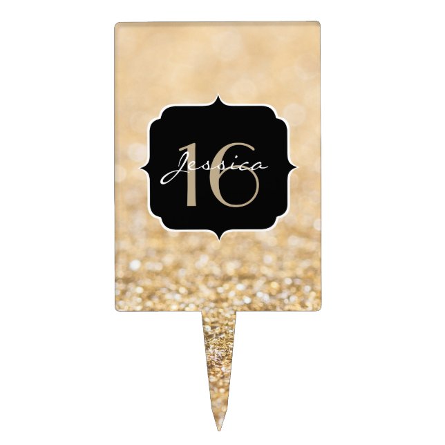 Champagne gold glitter sparkles Sweet 16 Cake Topper (Front)