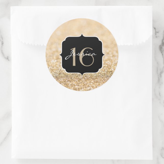 Champagne gold glitter sparkles Sweet 16 Classic Round Sticker (Bag)