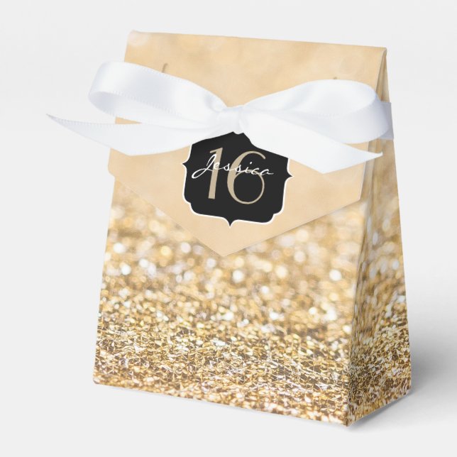 Champagne gold glitter sparkles Sweet 16 Favor Boxes (Front Side)