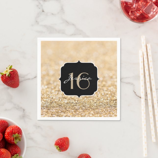 Champagne gold glitter sparkles Sweet 16 Paper Napkins (Insitu)