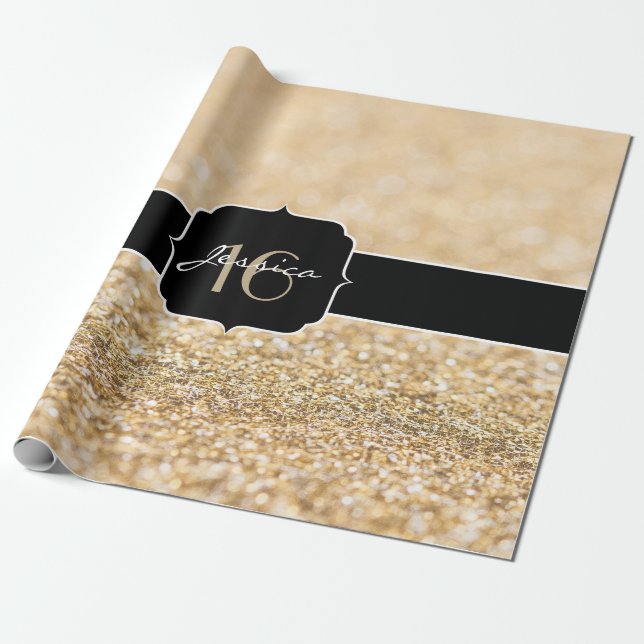 Champagne gold glitter sparkles Sweet 16 Wrapping Paper (Unrolled)