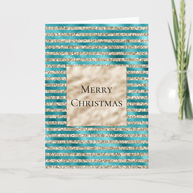 Champagne Gold Glitter Teal Stripes     Card (Front)