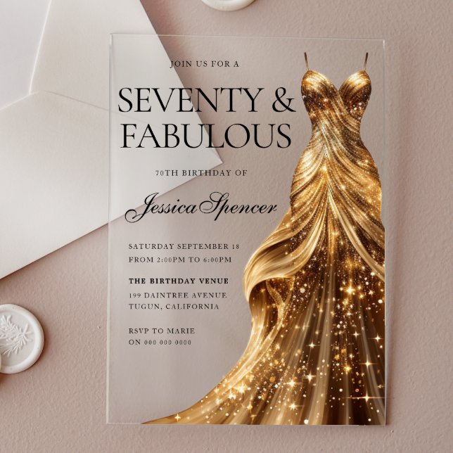 Champagne Gold Gown 70 & Fabulous 70th Birthday Acrylic Invitations (Creator Uploaded)