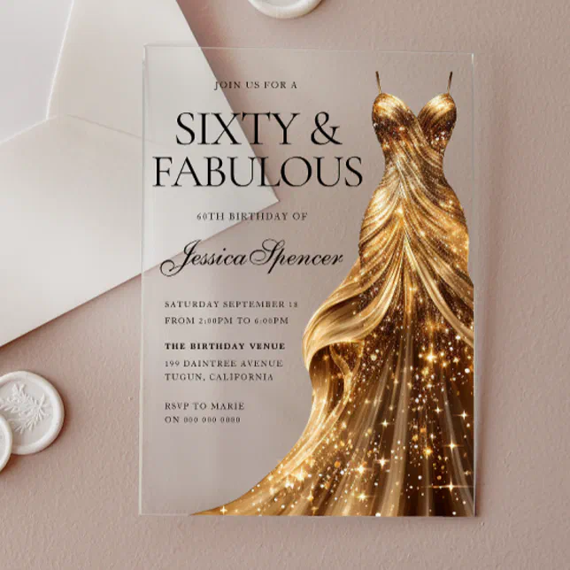 Champagne Gold Gown Sixty & Fabulous 60th Birthday Acrylic Invitations | Zazzle Champagne Gold Gown Sixty & Fabulous 60th Birthday Acrylic Invitations | Zazzle