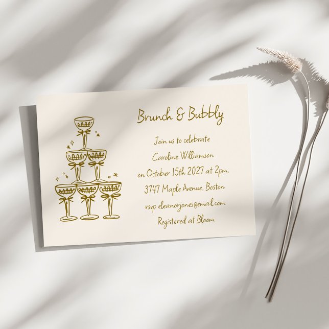 Champagne Gold Handwritten Brunch Bubbly Shower Invitation (Creator Uploaded)