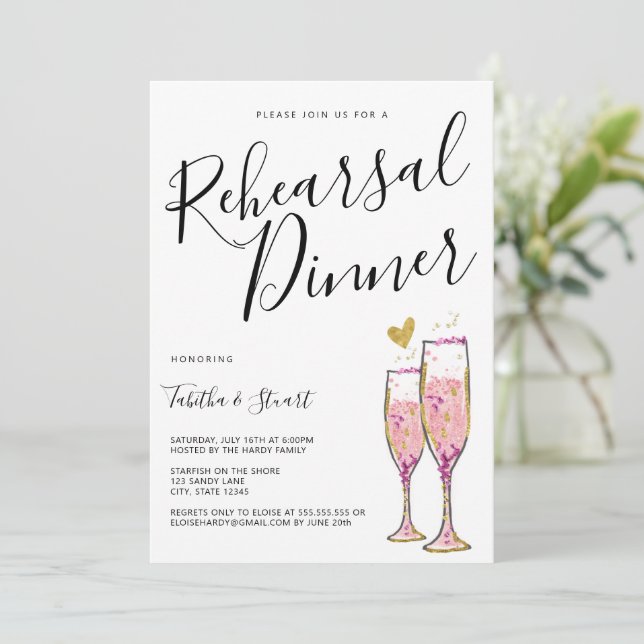 Champagne Gold Heart Rehearsal Dinner Invitation (Standing Front)