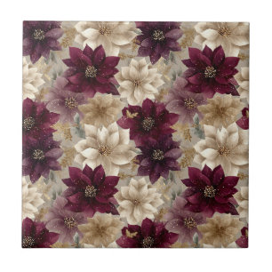 Champagne Gold Lace Snowflakes on Burgundy Ceramic Tile