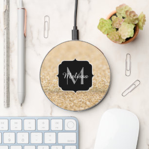 Champagne gold light faux glitter sparkle Monogram Wireless Charger