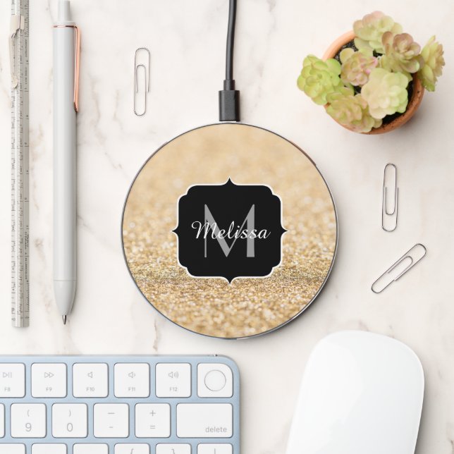 Champagne gold light faux glitter sparkle Monogram Wireless Charger (Desk)