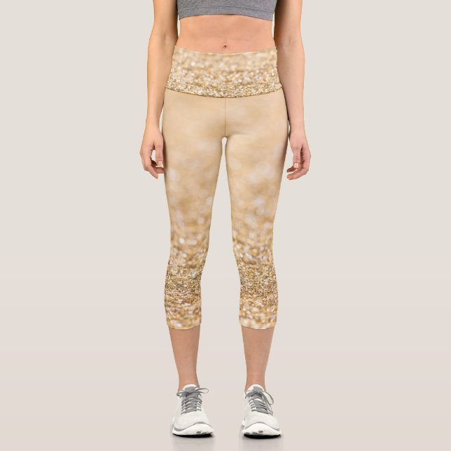 Champagne gold light faux glitter sparkles capri leggings (Front)