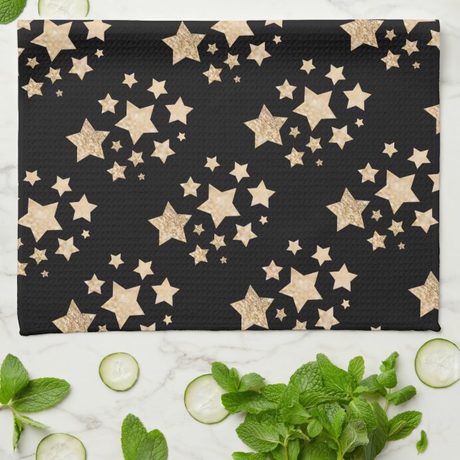 Champagne gold light faux glitter sparkles Stars Kitchen Towel (Folded)