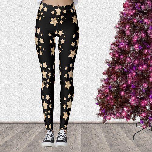 Champagne gold light faux glitter sparkles Stars Leggings