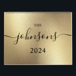 Champagne Gold Modern Script Name Photo Calendar<br><div class="desc">The cover features a pale champagne gold brushed metal foil digital art image.
You can customize the black signature modern family name text design and date.
Replace the sample travel and family photos with your own images.
Create your own photo calendar for family.</div>
