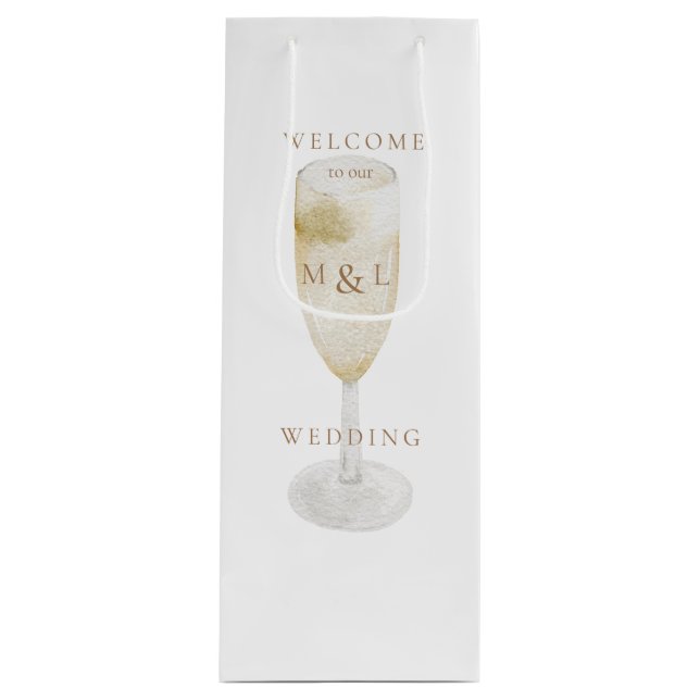Champagne & Gold Monogram White Wedding Welcome Wine Gift Bag (Front)
