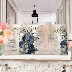 Champagne Gold Navy Blue Peony Eucalyptus Wedding Tri-Fold Invitation