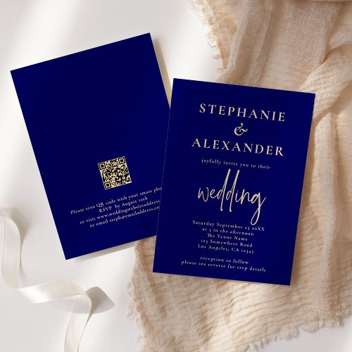 Champagne Gold Navy Blue QR Code Wedding Invitation