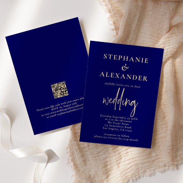 Champagne Gold Navy Blue QR Code Wedding Invitation (Creator Uploaded)