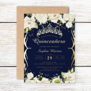 Champagne Gold Navy Floral Scroll Quinceanera Foil Invitation