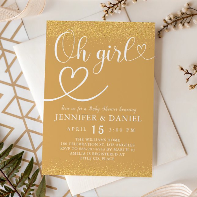 Champagne Gold Oh Girl Luxury Glitter Script Invitation (Creator Uploaded)