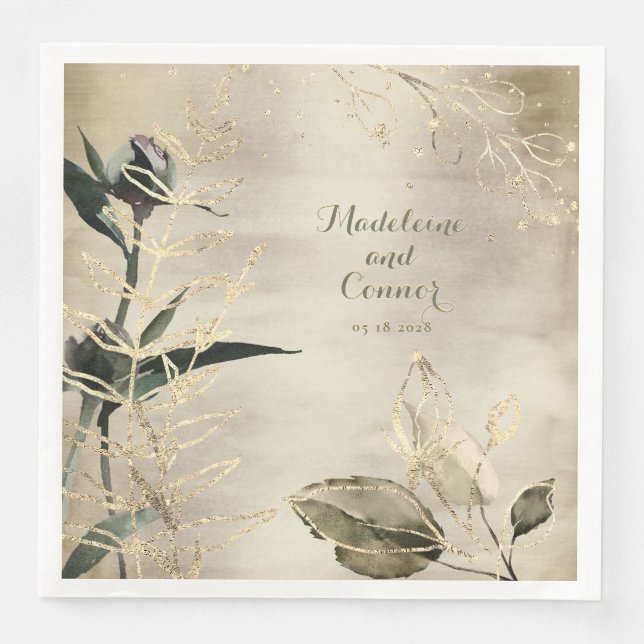 Champagne Gold Peony Garden Elegant Wedding Paper Dinner Napkins (Front)